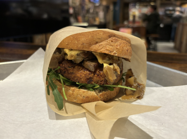 Mushrooms fall to the side of The Hub’s vegan burger. 